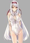  breasts brown_eyes front_zipper_swimsuit hairband kantai_collection large_breasts long_hair meme_attire one-piece_swimsuit sensen shoukaku_(kantai_collection) swimsuit very_long_hair white_hair 