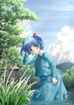  absurdres blue_eyes blue_hair blue_sky cloud day hair_bobbles hair_ornament hex_(tanhexun) highres house kawashiro_nitori key lake long_sleeves looking_at_viewer outdoors shirt short_hair skirt skirt_set sky standing swimsuit swimsuit_under_clothes touhou tree two_side_up wading water 