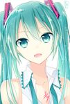  39 aqua_eyes aqua_hair bangs collared_shirt dated goma_(11zihisin) hatsune_miku long_hair looking_at_viewer open_mouth portrait shirt signature sleeveless solo sparkle twintails undone_necktie vocaloid 