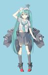  2l aqua_eyes aqua_hair bad_id bad_pixiv_id blue_background gloves hat hatsune_miku highres kantai_collection long_hair navel piano_keys salute school_uniform serafuku skirt smile socks solo twintails very_long_hair vocaloid 