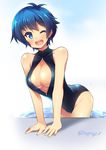  ;d arm_support bare_shoulders blue_hair blush breasts cleavage cleavage_cutout front_zipper_swimsuit highres hoppege kamishiro_sui large_breasts looking_at_viewer meme_attire one-piece_swimsuit one_eye_closed open_mouth short_hair smile solo swimsuit tokyo_7th_sisters 