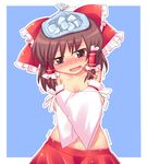  blush bow brown_eyes brown_hair collarbone covering covering_breasts detached_sleeves hair_bow hair_tubes hakurei_reimu ice ice_cream_cone ice_pack sick skirt solo tears thermometer touhou trembling yukari_yukke 
