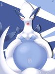  2015 abstract_background achi avian black_eyes blush breasts female feral legendary_pok&eacute;mon lugia lying nintendo nude pok&eacute;mon presenting pussy solo spread_legs spreading tongue tongue_out video_games 