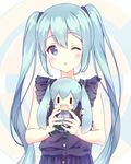  :d alc_(ex2_lv) aqua_eyes aqua_hair bad_id bad_pixiv_id blush character_doll doll dot_nose frilled_sleeves frills hair_ribbon hatsune_miku holding long_hair looking_at_viewer one_eye_closed open_mouth ribbon short_sleeves smile solo twintails upper_body very_long_hair vocaloid ||_|| 