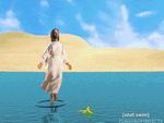  adult_swim animated banana blue_sky brown_hair cloud desert facial_hair food fruit hair human jesus_christ mammal robe sand sky tripping walking_on_water water 