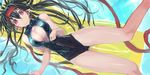  alf874 black_hair breasts cleavage earrings front_zipper_swimsuit hairband huge_breasts jewelry long_hair looking_at_viewer meme_attire one-piece_swimsuit original pink_eyes pointy_ears solo swimsuit thighs unzipped water zipper 