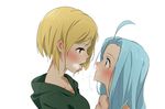  :o after_kiss ahoge bad_id bad_pixiv_id bangs blonde_hair blue_eyes blue_hair blush breath chikku_(k2753) choker djeeta_(granblue_fantasy) eye_contact face face-to-face from_side granblue_fantasy height_difference hood hood_down hoodie long_hair looking_at_another lyria_(granblue_fantasy) multiple_girls open_mouth saliva saliva_trail short_hair simple_background swept_bangs thief_(granblue_fantasy) tongue tongue_out upper_body white_background yellow_eyes yuri 