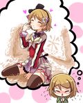  between_legs black_legwear bow brown_hair closed_eyes commentary_request earrings flower flying_sweatdrops food food_on_face hair_bow hair_flower hair_ornament hairband hand_between_legs hands_together heart imagining jewelry koizumi_hanayo long_sleeves love_live! love_live!_school_idol_project ribbon rice rice_on_face shipii_(jigglypuff) short_hair sitting skirt solo sore_wa_bokutachi_no_kiseki thighhighs wariza 
