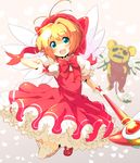  blue_eyes brown_hair cardcaptor_sakura dress frills fuuin_no_tsue glove_bow gloves hat kero kinomoto_sakura magical_girl pink_hat short_hair solo staff sw white_gloves wings 