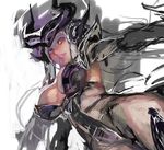  1girl aoin breasts cleavage forehead_jewel gloves helmet league_of_legends pauldrons purple_eyes silver_hair smile solo syndra 