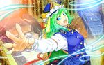 blue_eyes chair epaulettes fingernails green_hair hat hat_ribbon light_particles light_trail long_sleeves looking_at_viewer open_mouth outstretched_arm reaching_out ribbon ribbon-trimmed_skirt ribbon_trim shiki_eiki shikitsuki short_hair skirt solo stairs touhou vest 