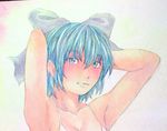  armpits arms_behind_head blue_eyes blue_hair bow breasts cirno cleavage collarbone dress grey_background hair_bow lips looking_at_viewer medium_breasts portrait short_hair solo spaghetti_strap touhou traditional_media watercolor_(medium) white_dress yuyu_(00365676) 