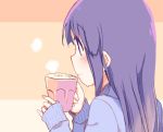  1girl bangs blue_sweater blunt_bangs blush closed_mouth cup eyebrows_visible_through_hair from_behind hinata_yukari holding holding_cup long_hair looking_afar multicolored multicolored_background purple_eyes purple_hair sidelocks simple_background smile solo sweater tatsunokosso upper_body yuyushiki 