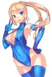  adapted_costume blonde_hair blue_eyes blue_gloves blue_legwear blush breasts cleavage cleavage_cutout elbow_gloves front_zipper_swimsuit gloves large_breasts long_hair looking_at_viewer meme_attire metroid one-piece_swimsuit open_mouth ponytail samus_aran simple_background smile solo swimsuit thighhighs unzipped v white_background yukimura_tsubame zero_suit zipper 