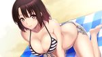  bangs barefoot bikini blanket blush breasts brown_eyes brown_hair cleavage highres katou_megumi large_breasts lintanghaseo plaid revision saenai_heroine_no_sodatekata sand short_hair side-tie_bikini smile solo striped striped_bikini swimsuit wallpaper 