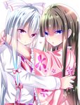  arms_around_neck arms_around_waist bad_id bad_pixiv_id blue_eyes brown_hair dress_shirt floral_print frown fujiwara_no_mokou hair_ribbon head_to_head heart highres houraisan_kaguya hug japanese_clothes kimono long_hair looking_at_viewer multiple_girls parted_lips red_eyes ribbon shirt simple_background suspenders touhou tress_ribbon umi_no_suzuka white_background white_hair yuri 