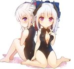  barefoot black_swimsuit blonde_hair blue_eyes blush bow breasts cleavage demon_girl demon_horns earrings front_zipper_swimsuit hair_bow hand_on_own_chest horns jakoujika jewelry large_breasts looking_at_viewer meme_attire multiple_girls one-piece_swimsuit original ponytail purple_eyes silver_hair sitting swimsuit unzipped wariza zipper 