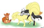  2015 all_fours animal_genitalia black_fur blush brown_eyes canine_penis doggystyle erection eyes_closed female feral from_behind fur grass group kyoushiro male male/female mightyena ninetales nintendo open_mouth orange_fur penis plain_background pok&eacute;mon sex video_games vulpix white_background white_fur young 