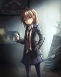  bad_id bad_pixiv_id black_legwear black_skirt blazer brown_eyes brown_hair can canned_coffee collared_shirt departed hand_in_pocket head_tilt highres jacket kantai_collection looking_at_viewer machinery necktie office open_blazer open_clothes open_jacket pantyhose pleated_skirt school_uniform shirt short_hair skirt solo wakaba_(kantai_collection) 