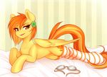  equine eyewear female flower flower_in_hair friendship_is_magic fur goggles hair legwear licking licking_lips lying mammal my_little_pony orange_hair pegasus plant solo spitfire_(mlp) spittfire stockings tongue tongue_out two_tone_hair wings wonderbolts_(mlp) yellow_fur 
