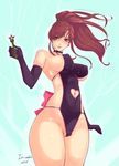  2015 bishoujo_senshi_sailor_moon black_gloves bow breasts brown_hair cameltoe choker covered_nipples dark_persona elbow_gloves gloves green_eyes heart_cutout highres iri-neko jupiter_symbol kino_makoto large_breasts leotard long_hair looking_at_viewer navel_cutout navel_piercing piercing pink_bow ponytail sailor_jupiter sideboob solo star_power_stick thighs 