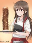  &gt;:) :q akagi_(kantai_collection) anti_(untea9) brown_eyes brown_hair cheese commentary_request cup drinking_straw food gradient gradient_background hakama_skirt hamburger highres holding kantai_collection licking_lips long_hair looking_at_another milkshake muneate orange_background pleated_skirt skirt smile solo tasuki tongue tongue_out tray twitter_username upper_body v-shaped_eyebrows 