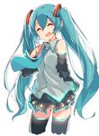  :d ^_^ absurdres aqua_hair closed_eyes detached_sleeves hajime_kaname hatsune_miku highres long_hair necktie open_mouth simple_background skirt smile solo thighhighs twintails very_long_hair vocaloid white_background 