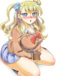  asymmetrical_hair blue_eyes blush breasts cardigan cleavage earrings eyeliner galko gyaru jewelry kogal large_breasts long_hair makeup makoto_(tsnoman) one_side_up oshiete!_galko-chan plaid plaid_skirt pleated_skirt school_uniform scrunchie side_bun skirt socks solo squatting 