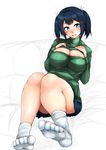  blue_eyes blue_hair breasts cleavage_cutout gggg hands_on_own_chest highres kantai_collection large_breasts looking_at_viewer meme_attire miniskirt open-chest_sweater pleated_skirt ribbed_sweater short_hair skirt solo souryuu_(kantai_collection) sweater thighs twintails 