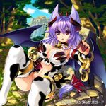  1girl armpits bat_wings bell bell_collar breasts chains claws collar cow_girl cow_print demon_girl female horns huge_breasts pixiv_manga_sample purple_hair red_eyes ribbon ripodpotato solo thighhighs toh wings 
