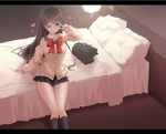  bag bed blush breasts brown_eyes brown_hair cardigan condom_wrapper heart hotel_room kneehighs large_breasts letterboxed long_hair love_hotel maririn on_bed one_eye_closed original school_bag school_uniform sitting skirt smile solo 