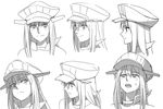  bismarck_(kantai_collection) expressions greyscale hat kantai_collection kinosuke_(sositeimanoga) long_hair monochrome multiple_views open_mouth peaked_cap simple_background sweat white_background 