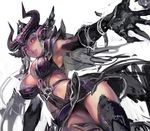  aoin bad_source breasts cleavage forehead_jewel gloves helmet large_breasts league_of_legends pauldrons purple_eyes revision silver_hair simple_background smile solo syndra thighhighs white_background 