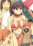  3girls a areola_slip areolae azumanga_daiou beach beach_towel beach_umbrella bikini black_hair blush breasts brown_hair choker collarbone commentary_request covered_navel flat_chest from_above hotaryuso innertube kasuga_ayumu large_breasts long_hair looking_back mihama_chiyo multiple_boys multiple_girls navel o-ring o_o one-piece_swimsuit open_mouth orange_hair revision sakaki sand short_hair speech_bubble strap_gap string_bikini swimsuit towel twintails umbrella white_swimsuit 