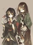  animal black_hair bow brown_eyes brown_hair checkered checkered_scarf dress futatsuiwa_mamizou futatsuiwa_mamizou_(human) glasses hands_in_pockets hisona_(suaritesumi) houjuu_nue japanese_clothes leaf leaf_on_head long_hair long_sleeves looking_at_another multiple_girls obi one_eye_closed open_mouth pants pom_pom_(clothes) red_eyes sash scarf short_hair simple_background smile snake thighhighs touhou vest wide_sleeves wings wrist_cuffs zettai_ryouiki 