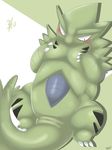  2015 3_toes abstract_background achi black_eyes blush breasts claws female feral looking_down lying mammal nintendo nude pok&eacute;mon pussy sweat toe_claws toes tyranitar video_games 