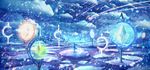  blue capelet cloud cloudy_sky comet crystal dress fantasy highres light_particles long_hair looking_away original sakimori_(hououbds) scenery sky solo water wind 