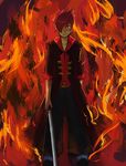  bad_id bad_pixiv_id belt boots fire flame garo:honoo_no_kokuin garo_(series) leon_luis male_focus red_eyes red_hair solo spiked_hair sword trench_coat vest weapon 