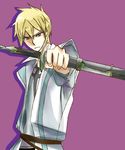  alfonso_san_valiante bad_id bad_pixiv_id belt blonde_hair blue_eyes garo:honoo_no_kokuin garo_(series) highres male_focus outstretched_arm solo spiked_hair sword vest weapon 