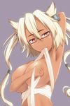  armpits battlegaregga breasts covering covering_breasts dark_skin glasses headgear highres kantai_collection large_breasts long_hair mouth_hold musashi_(kantai_collection) pointy_hair red_eyes sarashi two_side_up white_hair 