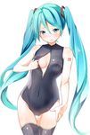  absurdres aqua_eyes aqua_hair blush breasts byte_(allbyte) center_opening covered_navel front_zipper_swimsuit hatsune_miku highres long_hair looking_at_viewer meme_attire nail_polish one-piece_swimsuit simple_background small_breasts solo swimsuit tattoo thigh_gap thighhighs twintails very_long_hair vocaloid white_background 