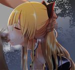  bare_shoulders blonde_hair blush bow choker closed_eyes cum cum_in_mouth deepthroat fellatio forced from_side granblue_fantasy hair_bow hand_on_another's_head irrumatio izumi_arima long_hair male_pubic_hair oral penis ponytail profile pubic_hair solo_focus sweat vira_lilie 