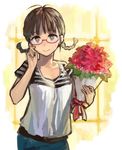  akizuki_ritsuko antenna_hair b_suke bouquet braid brown_eyes brown_hair flower glasses hand_on_own_cheek holding idolmaster idolmaster_(classic) short_hair smile solo twin_braids 