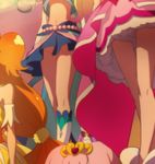  amanogawa_kirara aroma_(go!_princess_precure) bare_shoulders blonde_hair blue_hair cure_flora cure_mermaid cure_twinkle go!_princess_precure gradient_hair haruno_haruka haruyama_kazunori head_out_of_frame kaidou_minami legs long_hair long_legs magical_girl midriff multicolored_hair multiple_girls navel no_panties orange_hair petticoat pink_hair precure puff_(go!_princess_precure) skirt very_long_hair 