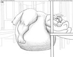  2010 anthro bed belly big_belly big_breasts breasts canine comic english_text eyes_closed faf female fox hyper hyper_belly mammal monochrome nude overweight side_boob sleeping solo text tongue tongue_out vore 