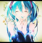  39 aqua_eyes aqua_nails bare_shoulders closed_eyes commentary_request covering_mouth detached_sleeves floral_background grin hatsune_miku kamari_(kama_ri) letterboxed long_hair nail_polish smile solo tattoo twintails upper_body vocaloid 
