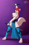  2015 4_toes anthro big_breasts breasts canine female freckles_(artist) fur hair mammal nipples red_hair solo sword toes weapon white_fur wide_hips wolf 
