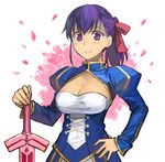  artoria_pendragon_(all) b_suke blush breasts cleavage cleavage_cutout cosplay fate/stay_night fate_(series) hair_ribbon hair_up hand_on_hip large_breasts matou_sakura ponytail purple_eyes purple_hair ribbon saber saber_(cosplay) smile solo sword weapon 