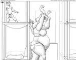  2010 anthro bed belly bent_over big_belly big_breasts black_and_white breasts canine clothed clothing comic english_text faf female fox group half-dressed holding lagomorph male mammal monochrome open_mouth overweight rabbit size_difference text topless undressing vore 