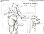  2010 anthro belly big_belly big_breasts big_butt breasts butt canine clothed clothing comic duo english_text faf female food half-dressed lagomorph male mammal messy monochrome overweight rabbit sleeping speech_bubble text topless underwear voluptuous 